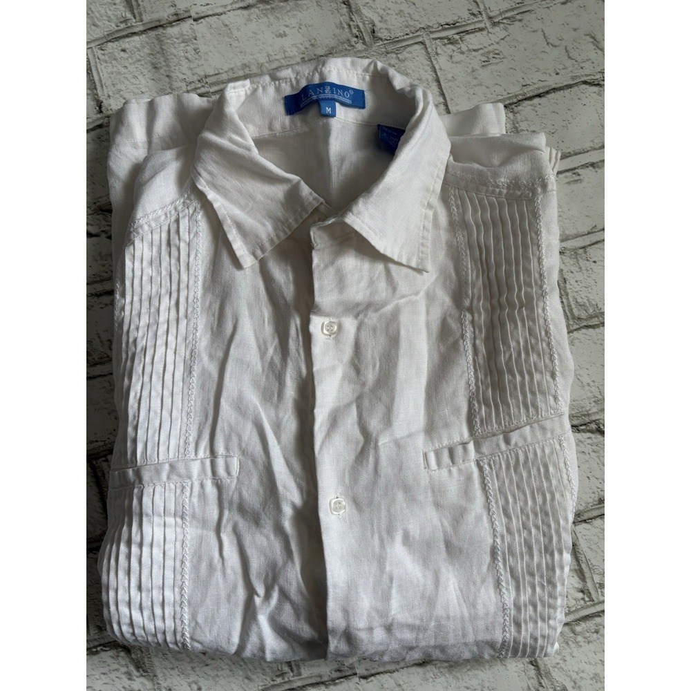 Lanzino Men's Woven Short Sleeve Button-Up Shirt White –linen‎ M Spring Summer